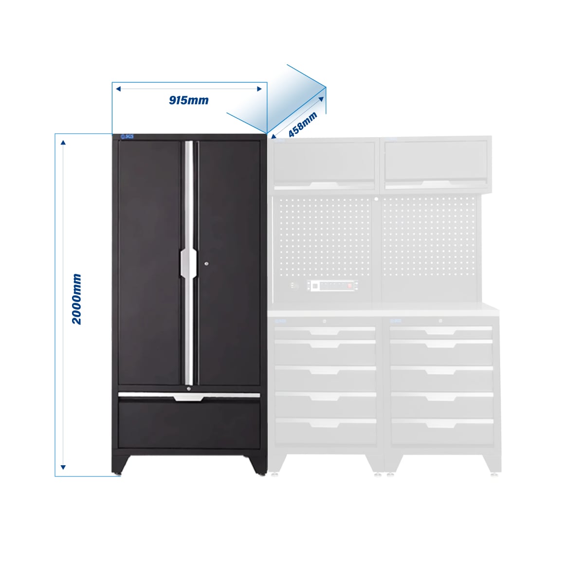 SGS 7pc Garage Storage System | 10 Drawers | Stainless Steel Worktop | 2x Upper Cabinets | Tall Double Cabinet | Tall Double Cabinet with Drawer | Pegboard with Power Strip